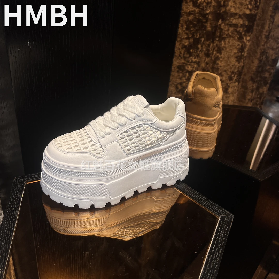 9cm小白鞋女2025夏季新款手工编织镂空网鞋超厚底松糕休闲鞋