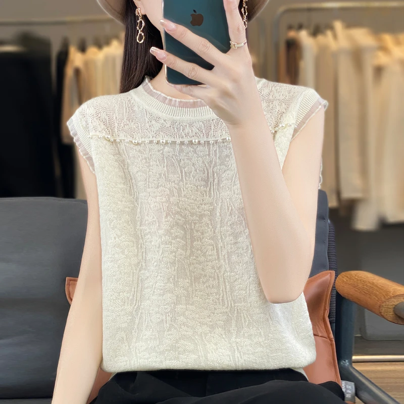 精纺羊毛蕾丝无袖背心吊带时尚百搭女款镂空夏季气质打底宽松