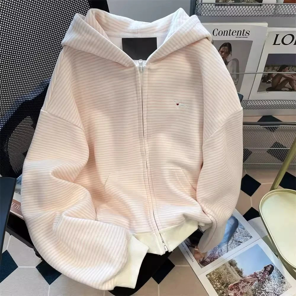 特大码300斤粉色条纹小狗刺绣卫衣女秋冬季宽松休闲甜美连帽开衫