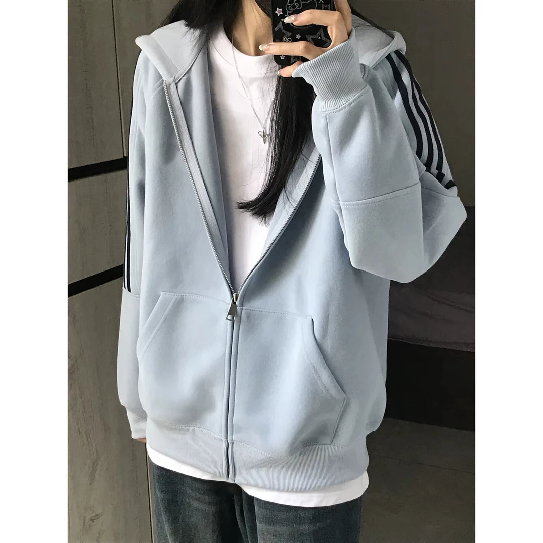 Labzaa基础款天蓝色三条杠开衫外套男女秋冬百搭宽松情侣连帽卫衣
