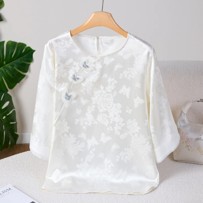 【揽月】 2025夏季新款圆领刺绣新中式简约显瘦女时尚气质七分袖