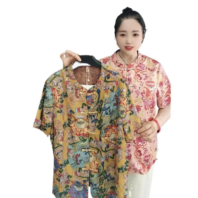 胖姐服饰2025宽松时尚印花中老年女装对门国风衬衣130斤至230斤穿