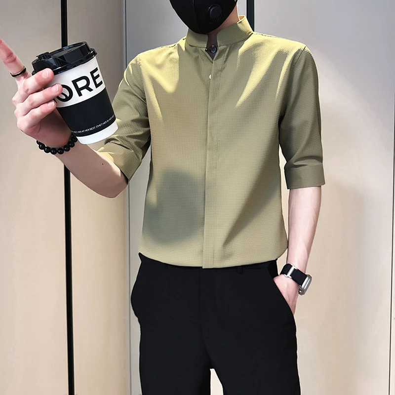 夏日上新高级感立领衬衫男短袖夏季2025新款百搭休闲薄款痞帅衬衣