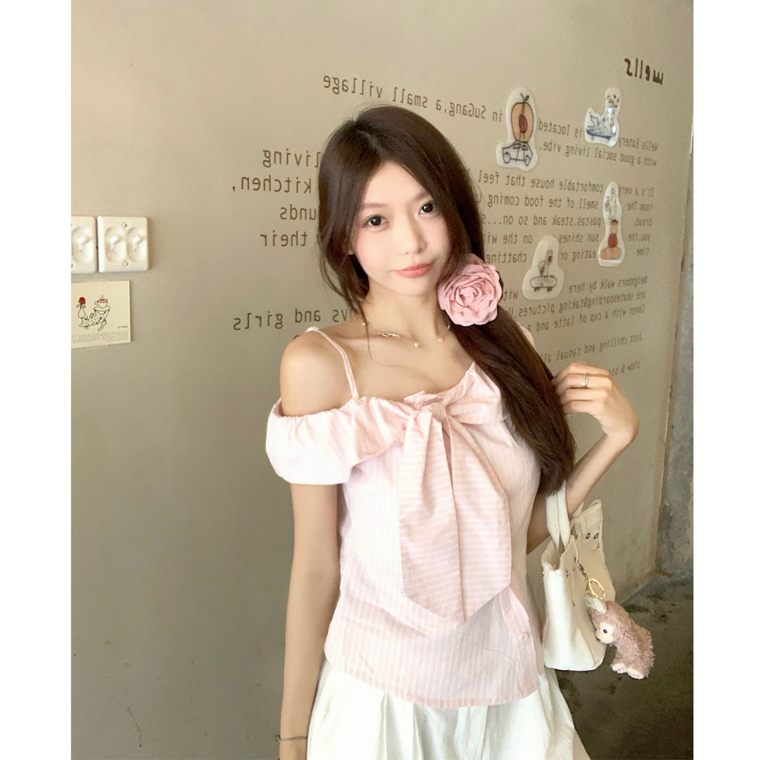 樱花盐汽水粉色条纹露肩短袖衬衫#9178