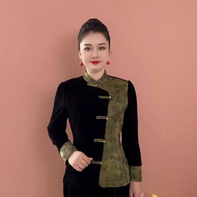 中式妈妈长袖丝绒AB版衬衫拼接盘扣旗袍外套
