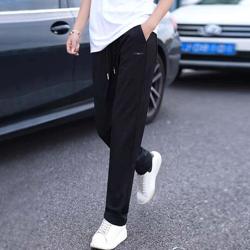 夏季休闲裤男士冰丝裤新款百搭直筒宽松平角商务薄款松紧腰长裤子