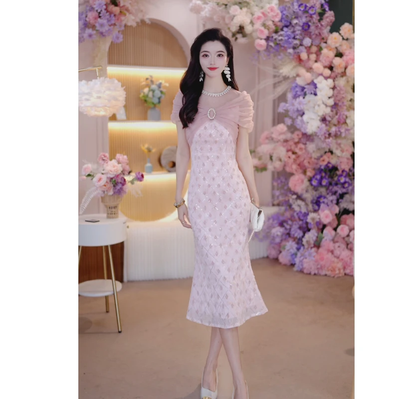 2025夏季女装新款轻奢修身网纱刺绣镶钻亮片气质短袖连衣裙6228