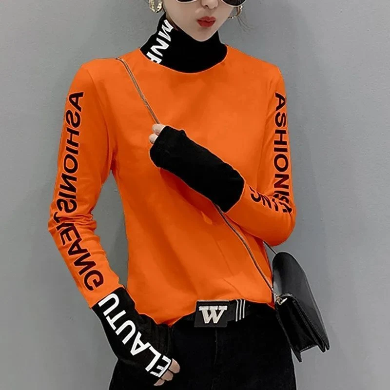 欧洲站2025新款加厚T恤长袖女印花洋气上衣气质高领打底衫女春秋