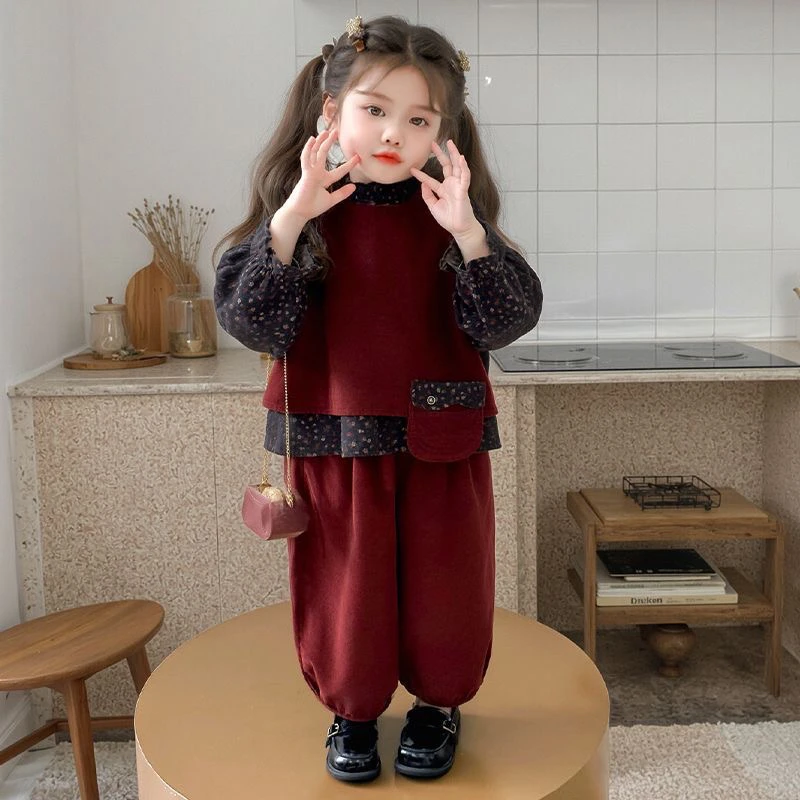 女童秋装套装洋气宝宝春秋季韩版马甲碎花衬衣休闲裤子时髦三件套