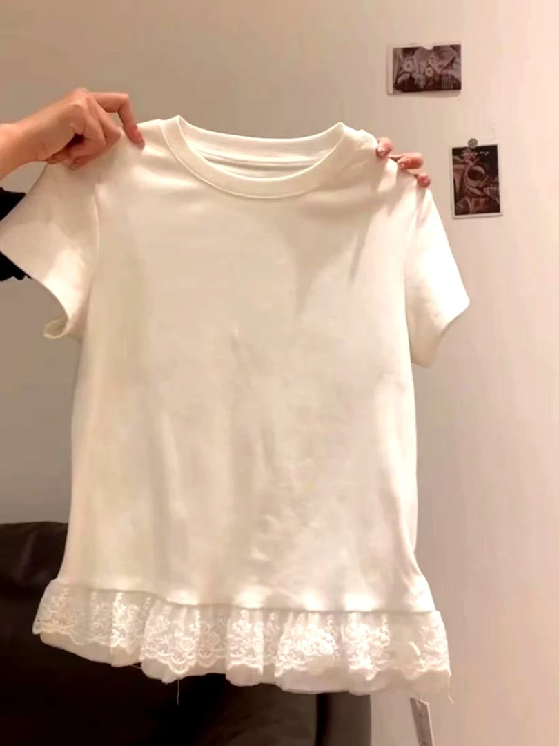 白色圆领拼接蕾丝下摆短袖t恤2025女装夏季修身显瘦别致气质上衣