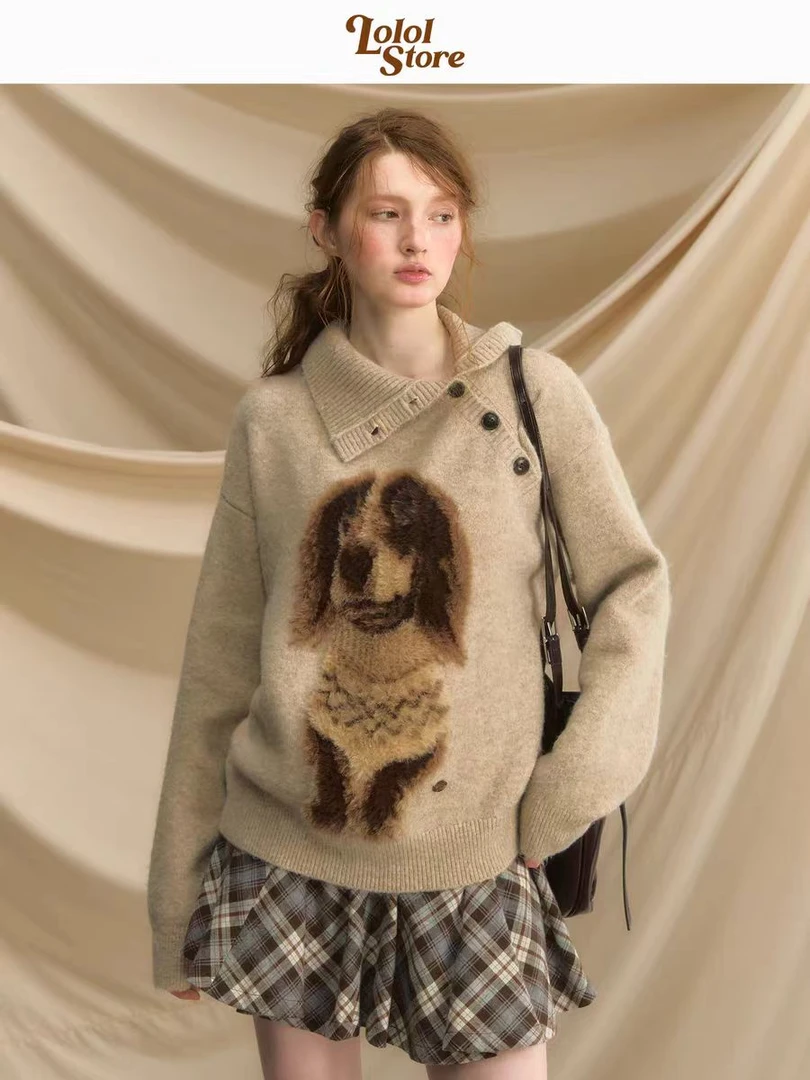 法式复古小狗提花针织衫女秋季宽松慵懒毛衣新款休闲高领长袖上衣