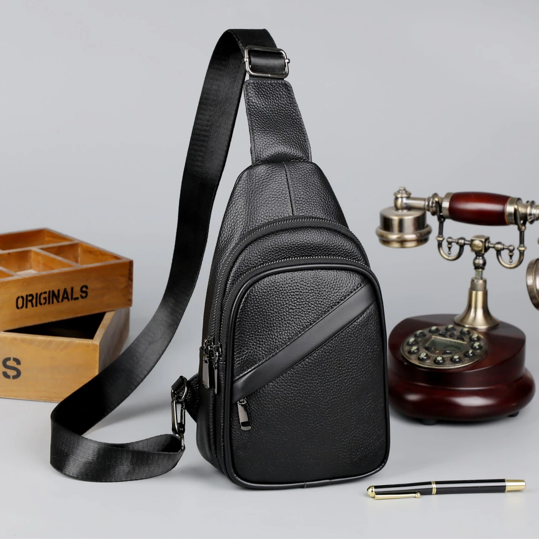 头层牛皮斜拉时尚百搭质感潮流韩版单肩胸包户外男款男士包包真皮