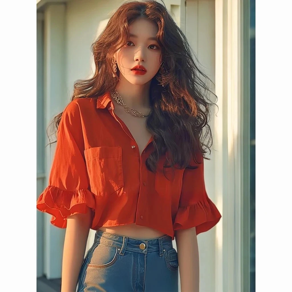 法式荷叶边短袖polo领气质衬衫女夏季设计感小众别致短款上衣