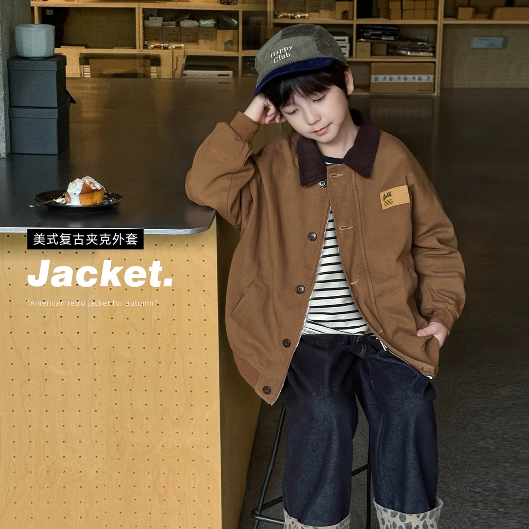 棉小班童装秋款复古翻领中小童上衣时尚贴标儿童外套AQ5056