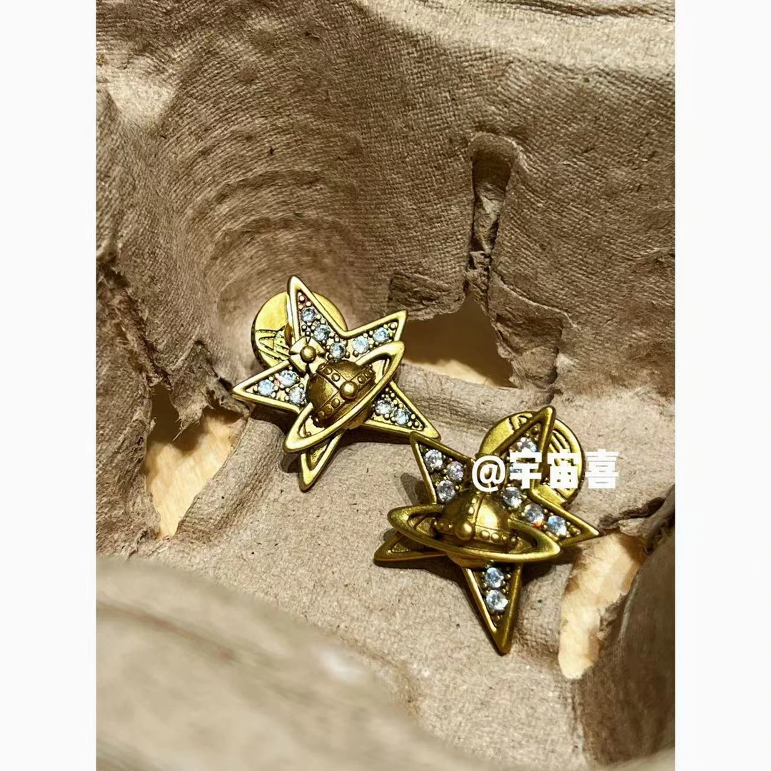 黄铜锆石耳饰 L4-032【前后异形五角星黄铜星球白锆徽章耳钉】