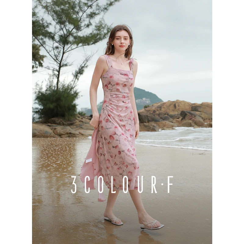 三彩独醒2025春季新款格纹网纱印花吊带裙方领收腰A字连衣裙女F