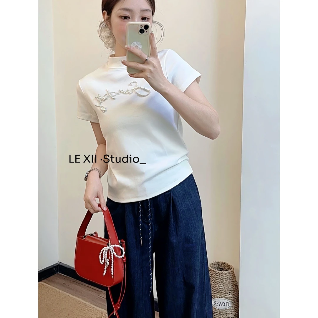 LEX-【Sunday字母】新款重工字母钉珠正肩立领女士百搭T恤