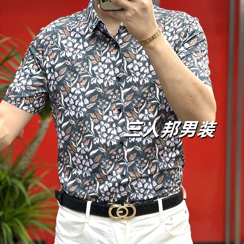 {VASICHER}2025夏季短袖碎花衬衫男士衬衣袖休闲商务