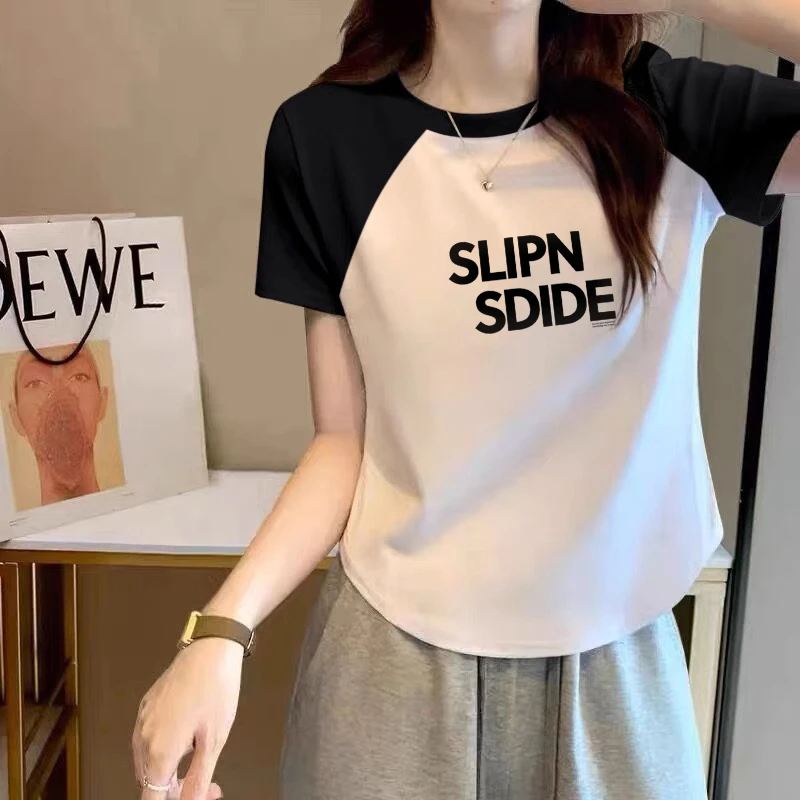 夏季穿搭2025年新款爆款显瘦T恤女撞色纯棉短袖插肩时尚洋气上衣