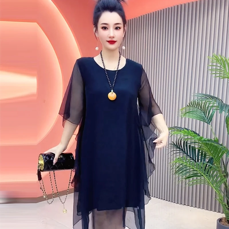 夏季新款时尚洋气纯色网纱连衣裙圆领遮肚子显瘦妈妈装雪纺裙子女