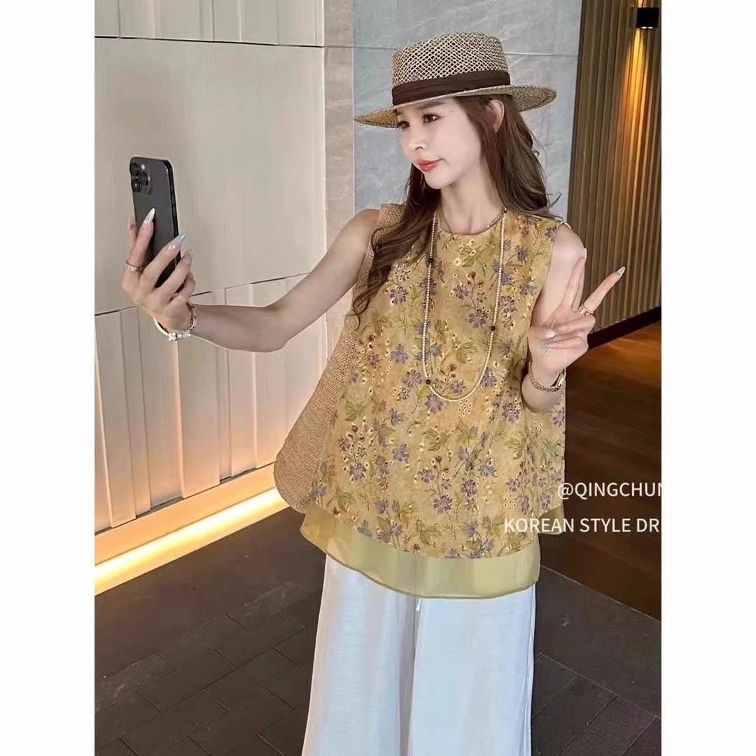 2025夏季新款中式提花国风刺绣镂空无袖衬衫宽松背心蕾丝小衫上衣