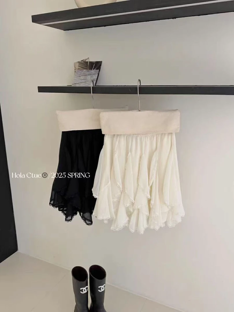 【悦己】高腰显瘦不规则荷叶边拼接蕾丝半身裙蛋糕裙