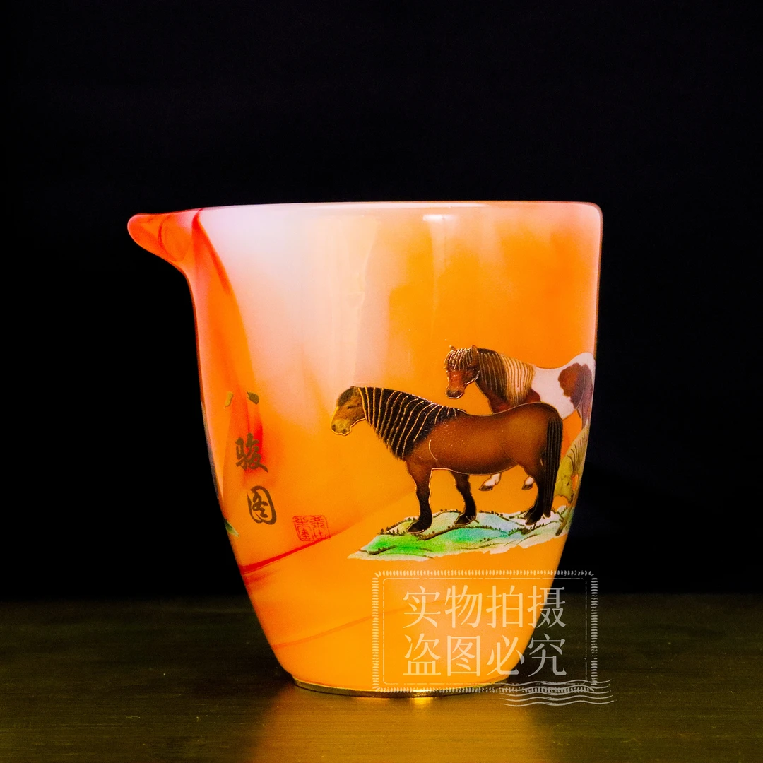 正品金《八骏图》玛瑙红琉璃玉瓷公道杯/容量220毫升/原正品装