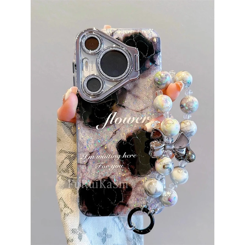 高级感适用华为pura70pro手机壳黑色玫瑰花朵mate70pro闪粉支架硬