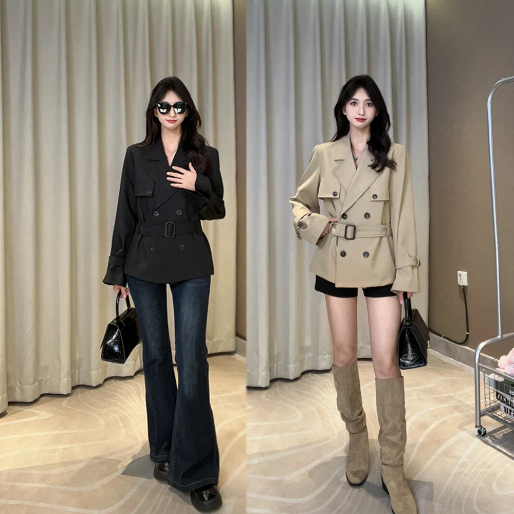 拼接翻领纯色欧美风短款森系风衣设计感百搭休闲风短款外套