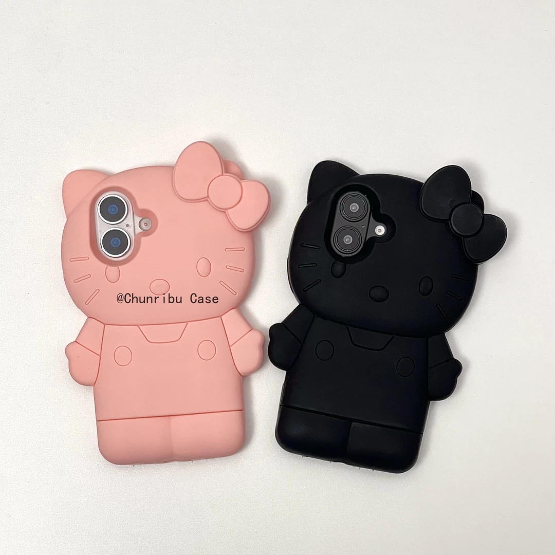 可爱卡通立体hellokitty全粉纯黑ins适用苹果16手机壳15/14/13/12