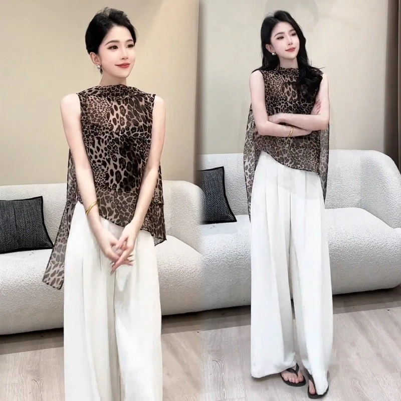 时尚潮流套装女2025夏季新款网红设计感飘带无袖衬衫阔腿裤两件套