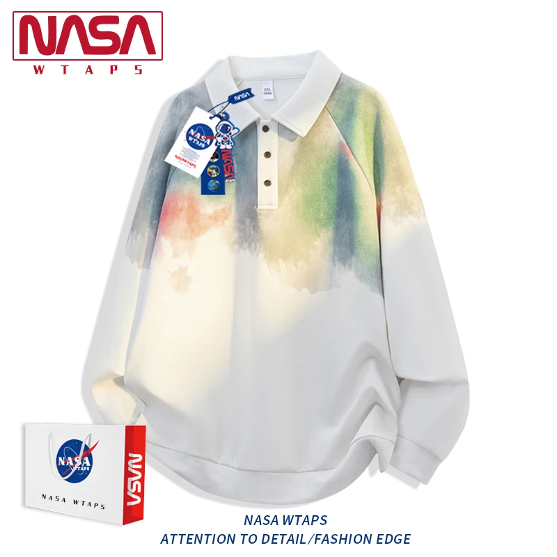NASA WTAPS美式复古潮牌扎染翻领卫衣男新款秋季宽松百搭长袖上衣