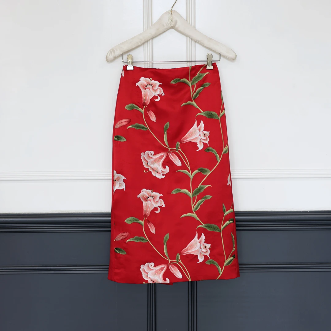 【壁虎姐】GECKO2025新款 新中式红色国风提花刺绣花设计高腰半裙