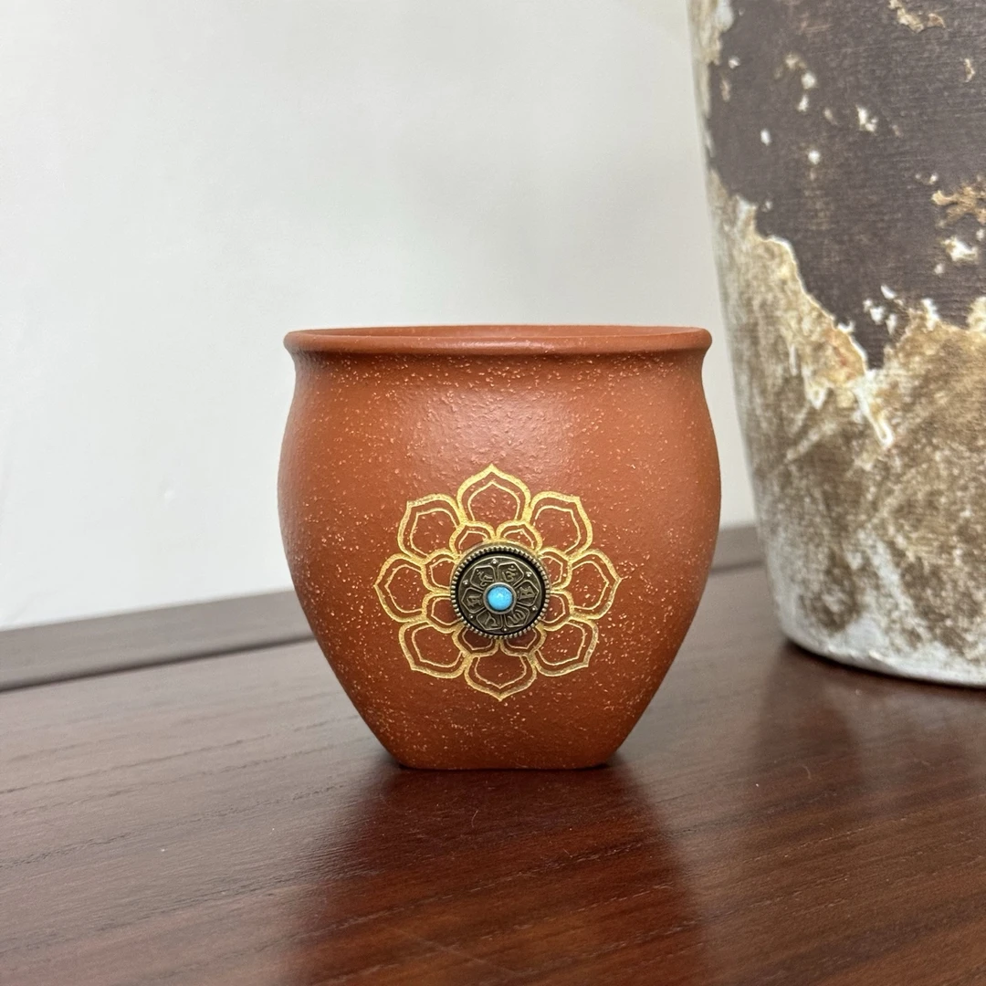 宜兴一石紫砂手刻时来运转主人杯转转杯天圆地方茶杯红降坡120ml
