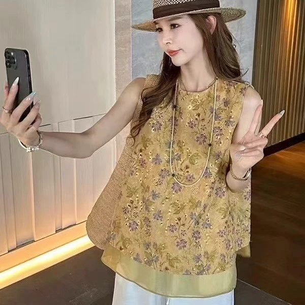 夏季无袖新中式国风圆领双层提花镂空百搭上衣背心衬衫女款