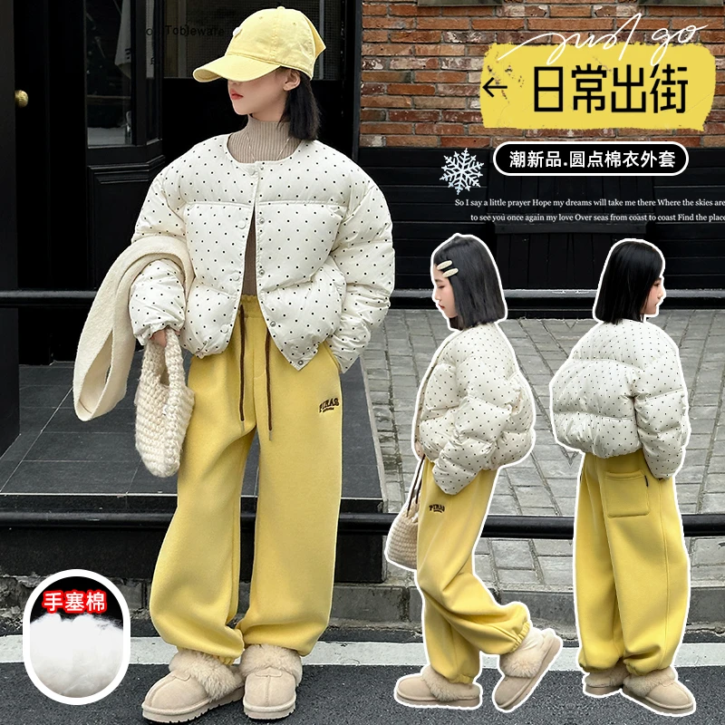【嘻嘻柚】女童韩版加厚波点棉衣冬季新款中大童宽松连帽棉服外套潮
