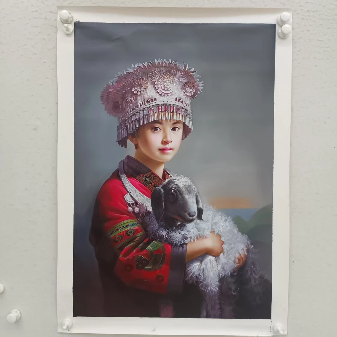 林彦新-*** - 苗族少女-约60*90厘米-手绘油画-麻布