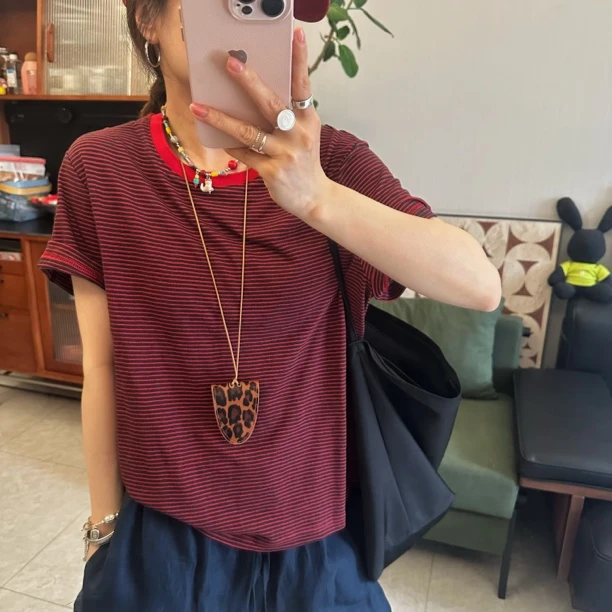 qiqi/琦琦推荐韩国宽松百搭经典黑红条纹ins短袖T恤夏季休闲街头