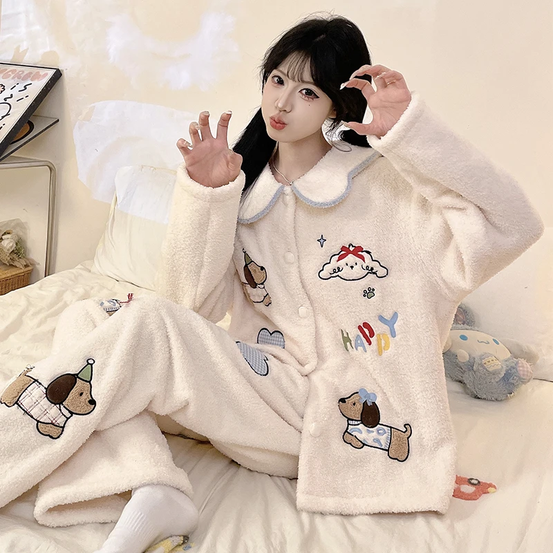 少女半边绒睡衣女款冬季可爱腊肠狗加厚加绒家居服2025新款秋冬天