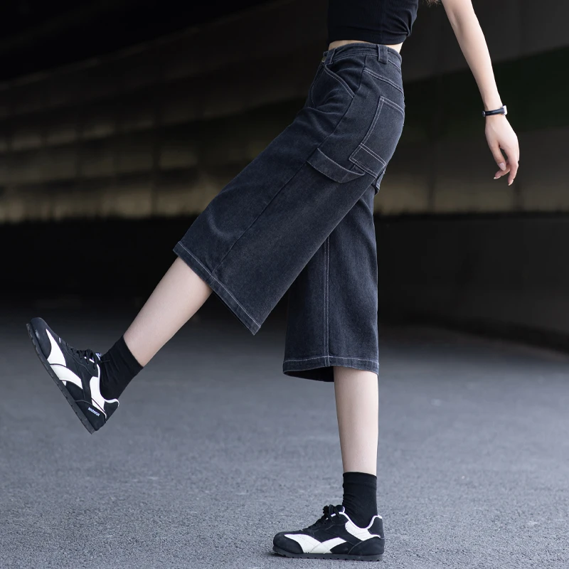 美式高街工装牛仔短裤女夏薄款2025新款七分裤高腰宽松阔腿裤中裤