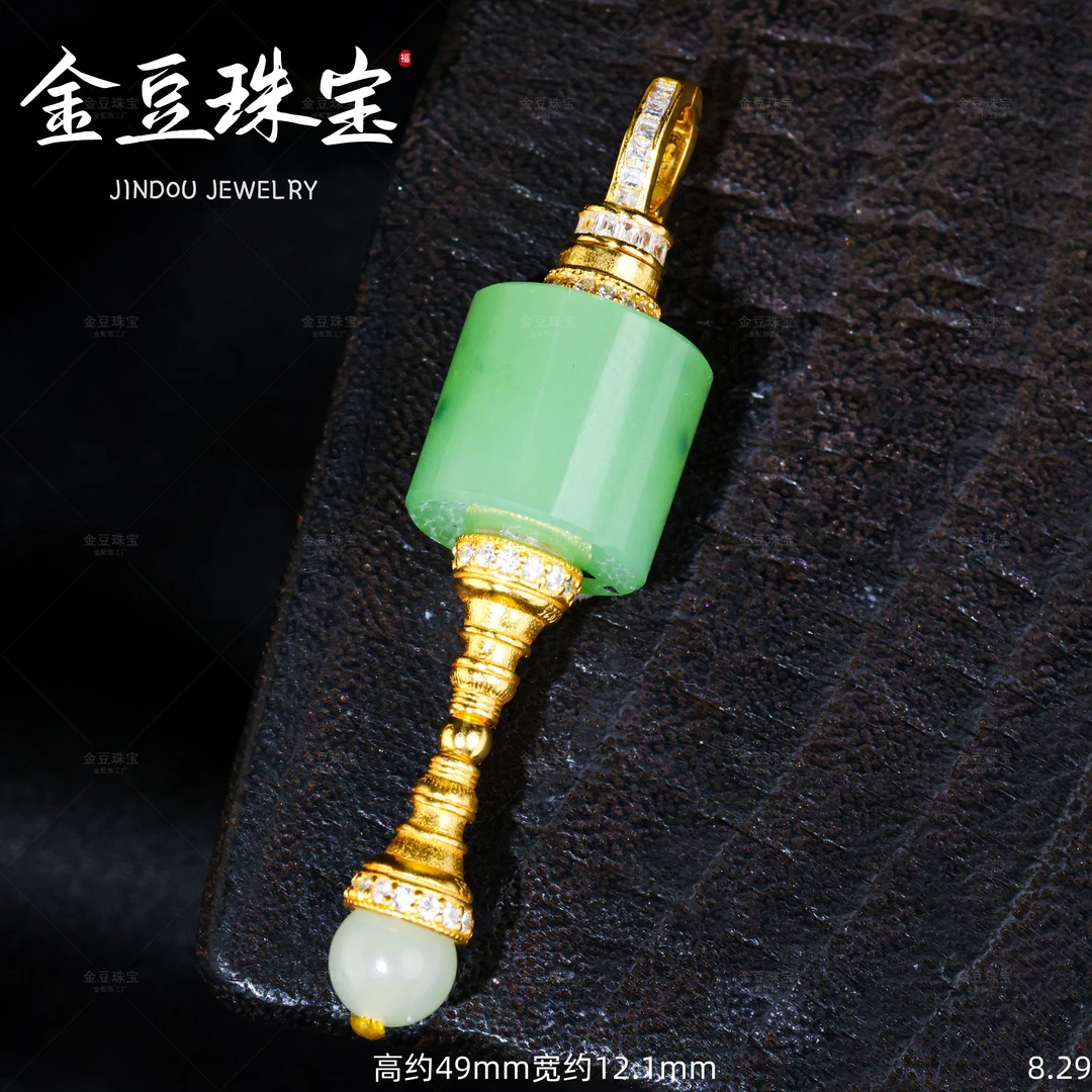 【金豆】天然和田玉乌兰海苹果绿转经筒吊坠S925银F