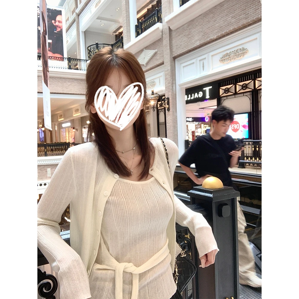 【allwhite淡人】 秋季薄款法式长袖针织衫开衫内搭吊带套装22182#