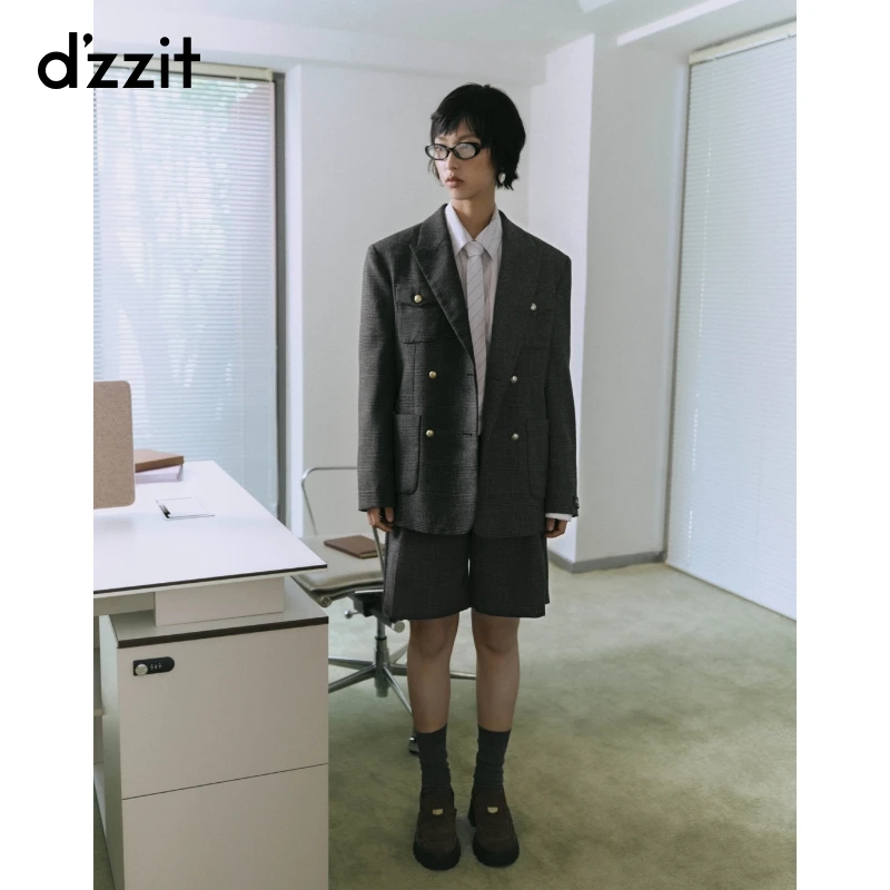 明星同款dzzit地素西装秋冬摩登时髦羊毛混纺格纹外套女3I4F509