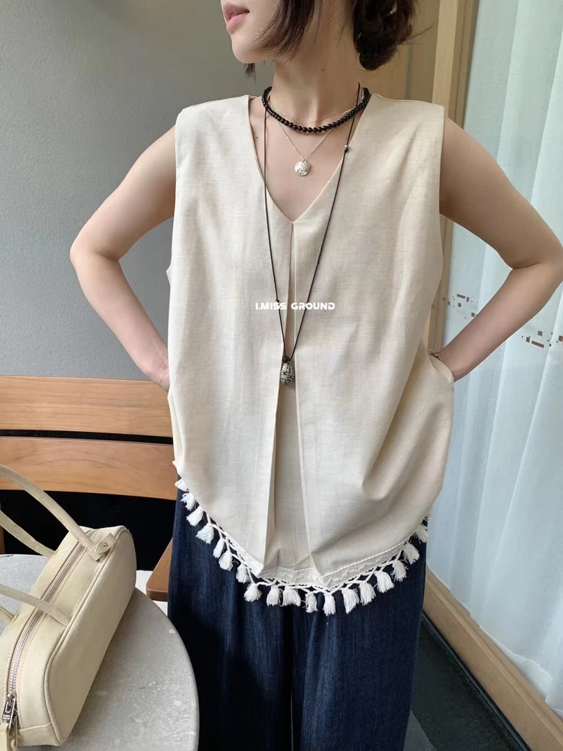 imiss@70681 （60麻）法式高级感拼接流苏背心百搭度假风上衣 7-4