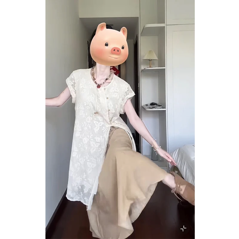 大码【声声慢】新中式镂空提花系带中长款开衫半身裙复古两件套装裙