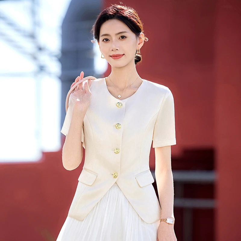 短袖小香风西装外套女夏季薄款2025新款小个子醋酸缎面休闲小西服