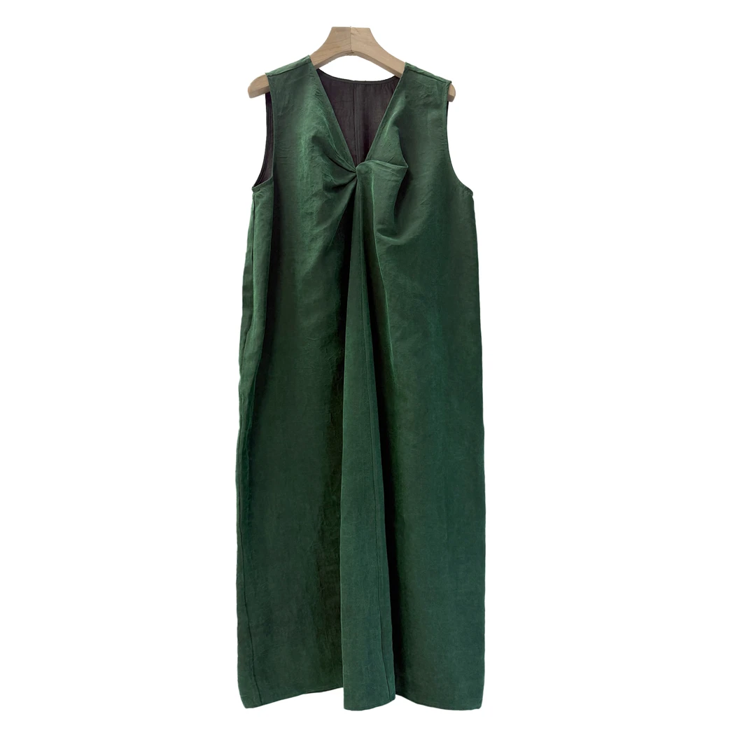 春夏女士桑蚕丝彩龟香云纱长连衣裙 绿色无袖休闲阔形 气质优雅