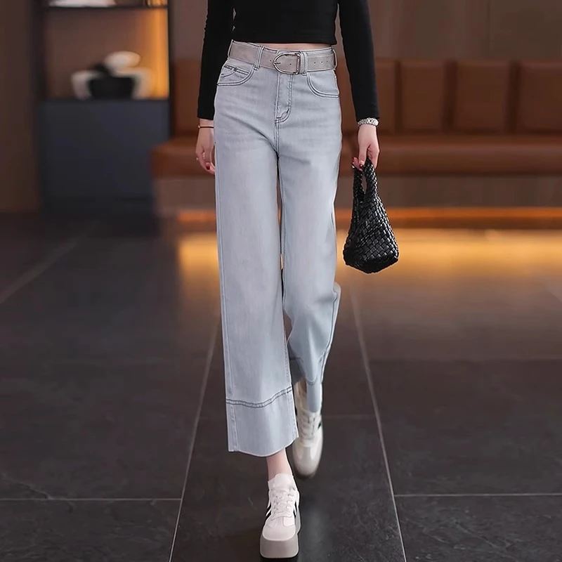 怀旧蓝阔腿牛仔裤女春秋2025年新款高腰宽松小个子九分窄版直筒裤