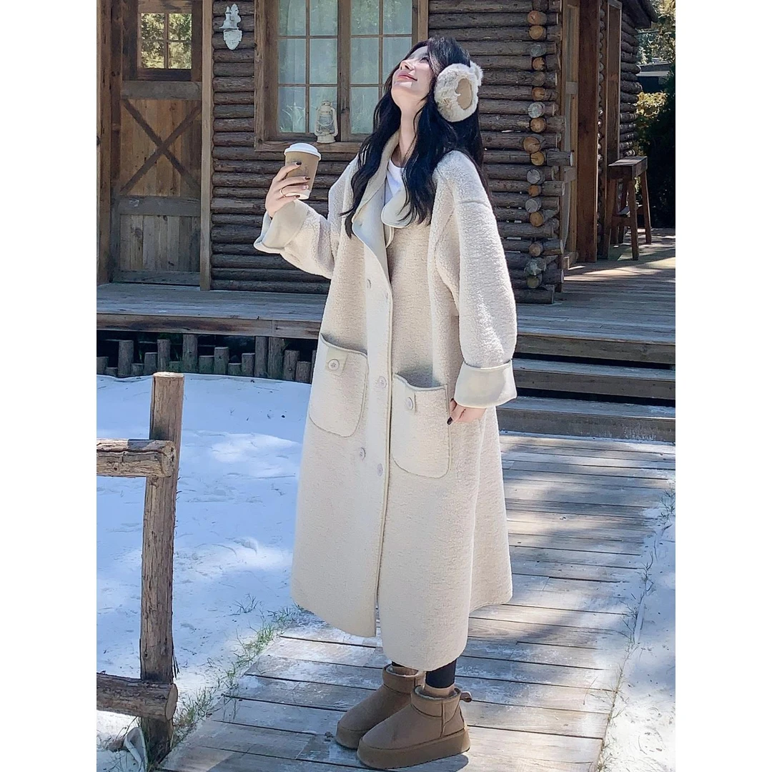 米白色长款立领羊羔毛外套女2025冬季款慵懒氛围感双排扣毛毛大衣