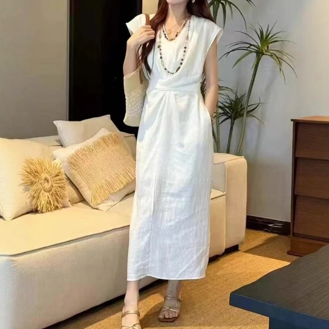 欧洲站设计感重工钉珠V领老钱风连衣裙奢华风开叉腰带长裙连身裙